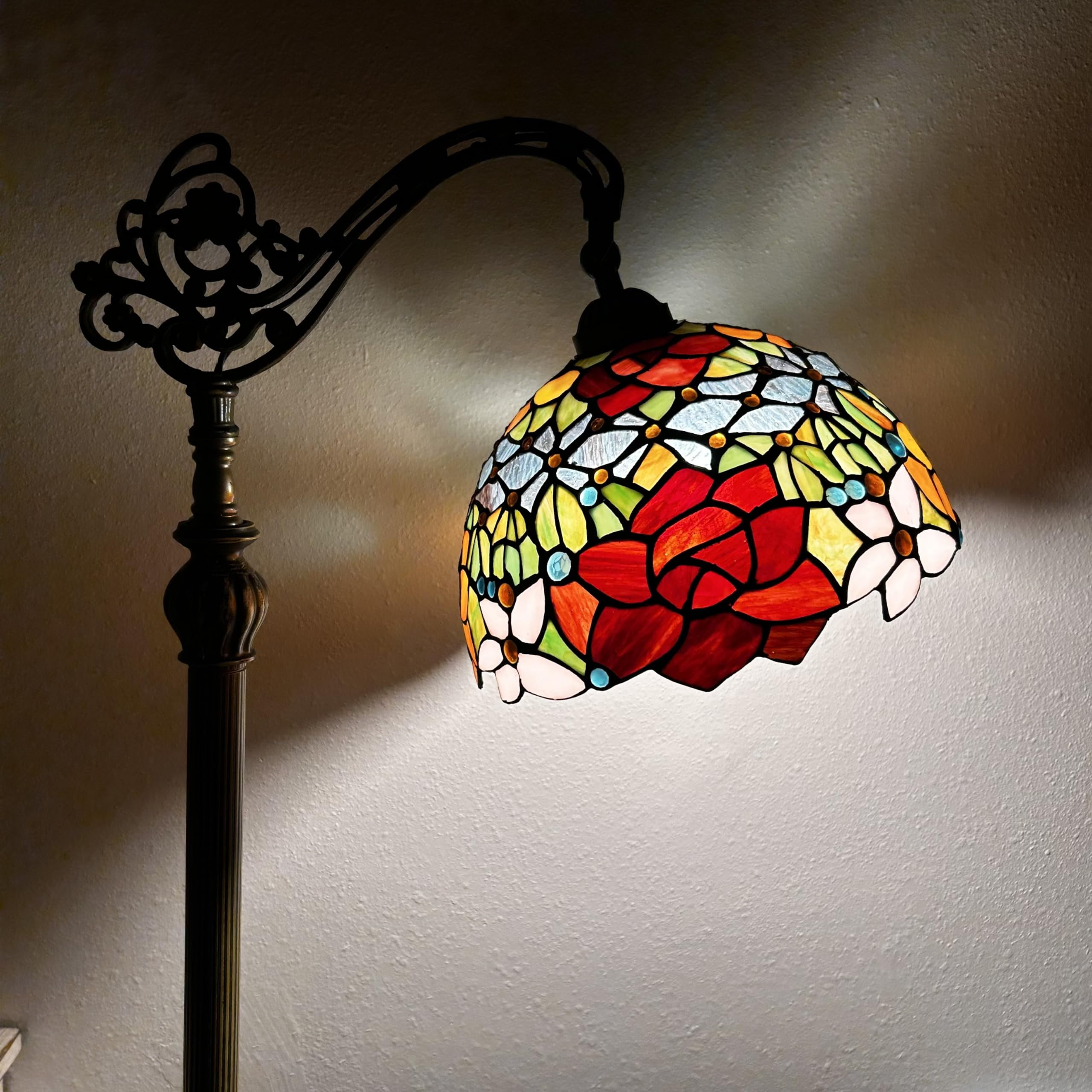 Tiffany Floor Lamp Rose Flowers Pink Orange Stained Glass Gooseneck Adjustable Corner Standing Reading Light 20"W*12"D*63"H