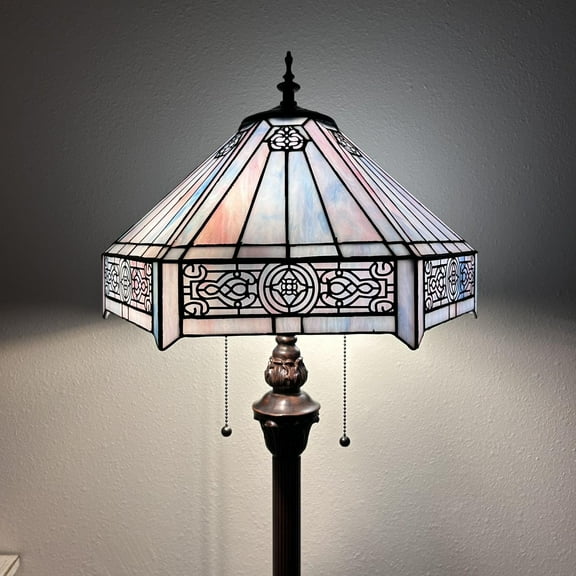 Tiffany Floor Lamp Sky Color Hexagon Stained Glass Mission LED Bulbs Included Pull Chain Switches for Living Room Bedroom 16"W*16"D*64"H