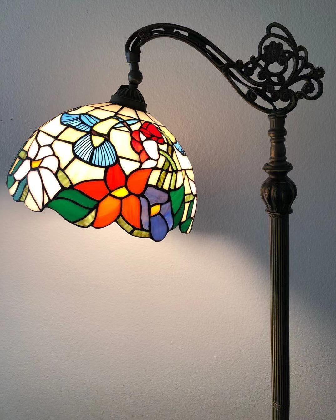 Tiffany Floor Lamp Stained Glass Hummingbird Flowers LED bulb included Gooseneck Adjustable Corner Standing Reading Light for Living Room Bedroom 20"W*12"D*63"H
