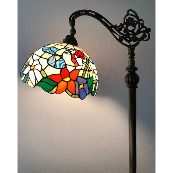 Tiffany Floor Lamp Stained Glass Hummingbird Flowers LED bulb included Gooseneck Adjustable Corner Standing Reading Light for Living Room Bedroom 20"W*12"D*63"H