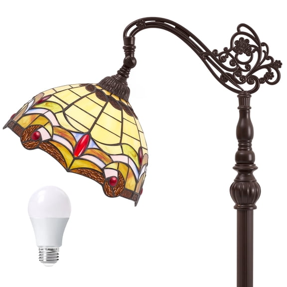 VIXNORYT 64" Classic Arced Floor Lamp with 11" Colorful Stained Glass Shade, Foot Switch, E26 Sockets & Bulbs Included, Aluminum Base,Modern Standing Lamp for Living Room Bedroom Dorm
