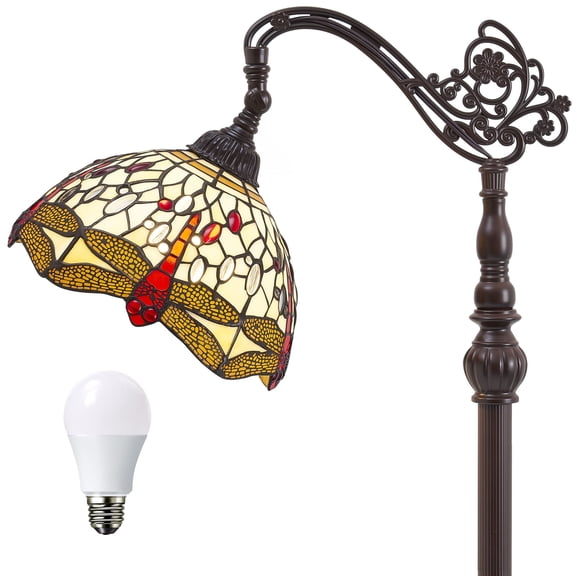 VIXNORYT 64" Modern Arc Floor Lamp with 11" Stained Glass Lampshade, Foot Switch, E26 Sockets with Bulbs Included,Standing Light for Living Room Bedroom Reading