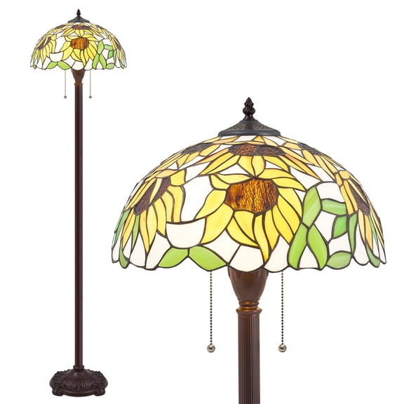 VIXNORYT 65" Floor Lamp with 16" Sunflower Stained Glass Shade, Pull Chain, 2 LED Bulbs for Living Room, Bedroom