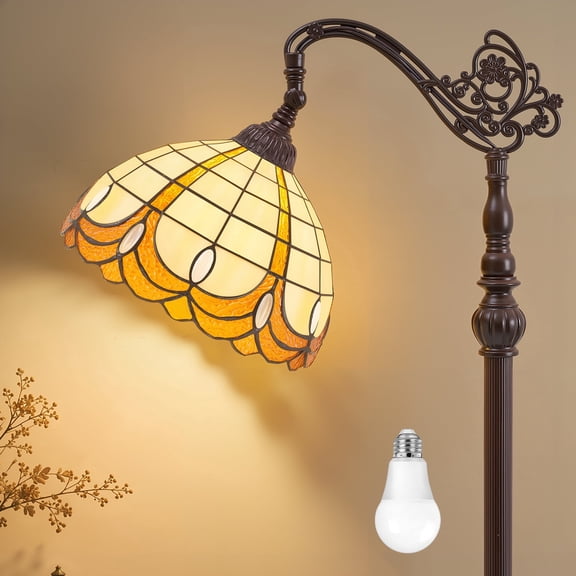 VIXNORYT 64" Modern Arched Floor Lamp with Tiffany-Style 11" Stained Glass Shade, Foot Switch, E26 Sockets & Bulbs Included, Aluminum Base for Home Office Reading Corner