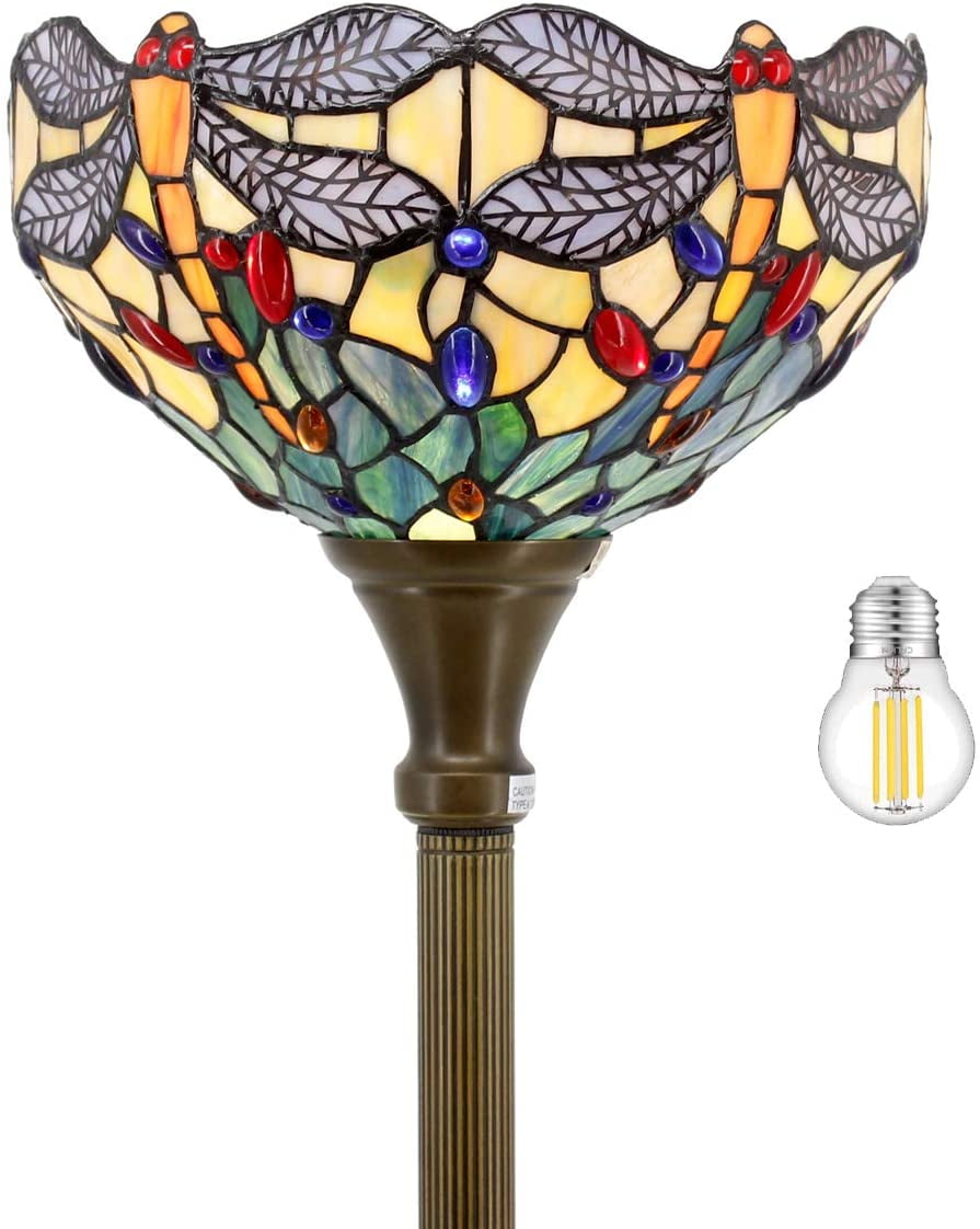 Tiffany Floor Torchiere Lamp LED 66" Tall Industrial Bronze Pole Vintage Boho Stained Glass Dragonfly Retro Rustic Standing Uplight Corner Bright Torch Light Living Room Kids Bedroom Office