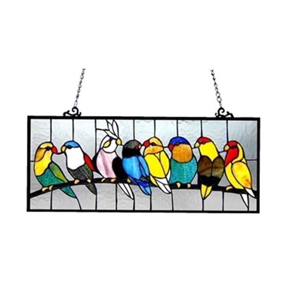 Tiffany Glass Birdies Window Panel - Multi-Color - 25.5 x 10.5 in. - Handcrafted