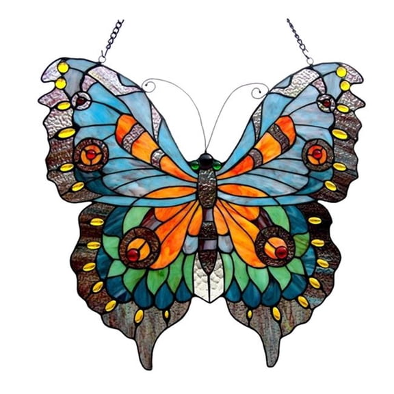 Tiffany Glass Butterfly Window Panel - Multicolor - 21 x 20 in. - Unique Artwork