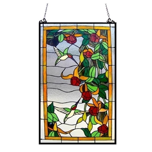 Tiffany Glass Hummingbirds Window Panel - Dark Antique Brass - 20 x 32 in. - Indoor Use