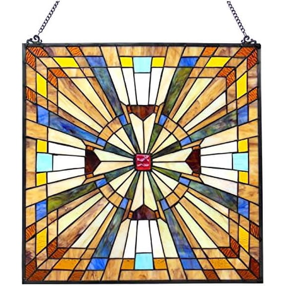 Tiffany-Glass Mission Square Window Panel 24"$$Home Decor, Kitchen, & Other