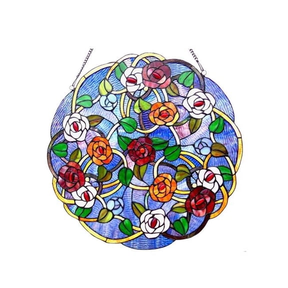 Tiffany Glass Roses Window Panel - Antique Brass - 24 in. - Handcrafted Art