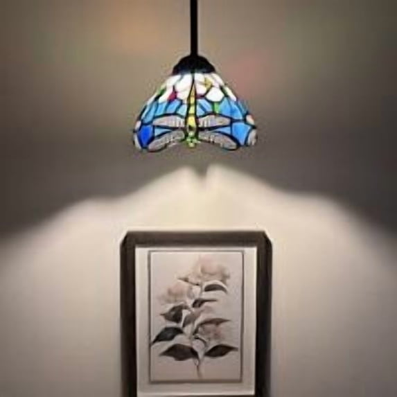 Tiffany Hanging Lamp Blue Stained Glass Dragonfly 1-Light LED Bulb Pendant Light for Dining Room, Island, Kitchen