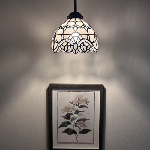 White Stained Glass Baroque Style Hanging Lamp, 1-Light, LED Bulb