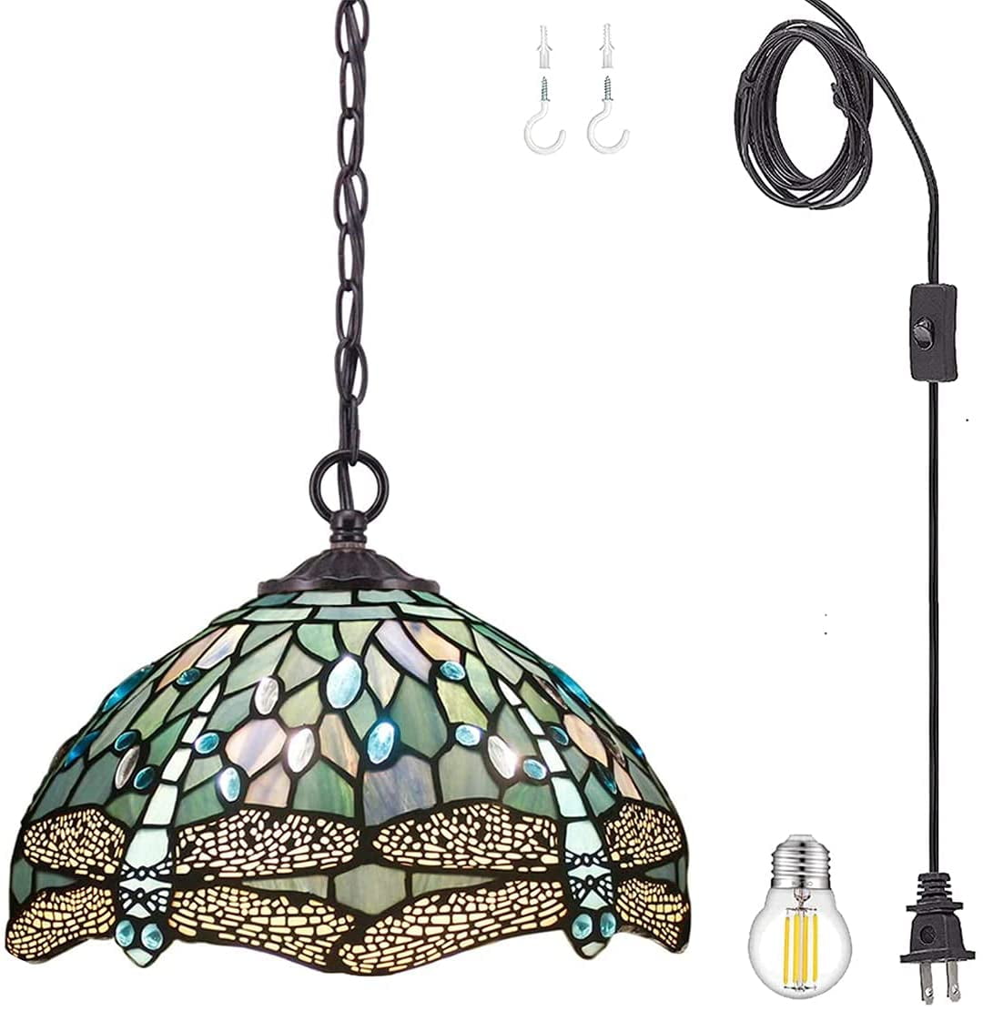 Tiffany Hanging Light W12H32 Inch Sea Blue Stained Glass Pendant lamp 1E26 Crystal Bead Dragonfly Style S147 WERFACTORY Series Lamps Chandelier Ceiling Fixture (S14712PB)