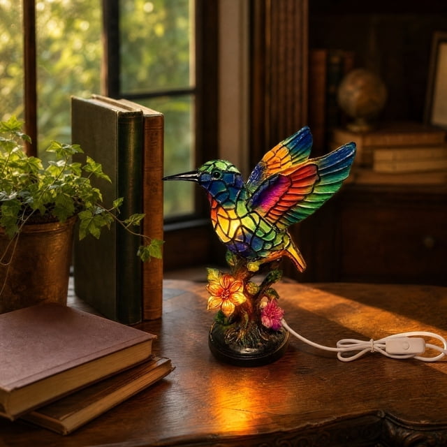 Tiffany Hummingbird Flower Stained Glass Resin Night Light 8 Inch Plug ...