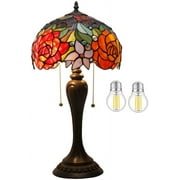 Tiffany Lamp Antique Style Stained Glass Table Light W12H22 InchLED Bulb IncludedRed Rose Lampshade S001 WERFACTORY Lamps Lover Girlfriend Living Room Bedroom Office Coffee Bar Desk Art Crafts Gifts