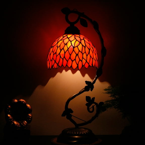Tiffany Lamp Bedside Lamp, Stained Glass Table Lamp, Thin Antique Banker Reading Desk Light Red Wisteria Style 21" Tall Industrial Rustic Metal Leaf Base, Memory Sympathy WERFACTORY LED Bulb Included