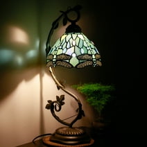Tiffany Lamp - Bedside Lamp with Stained Glass Shade, Sea Blue Dragonfly Table Lamp with Antique Metal Leaf Thin Base for Small Space of Living Room, Bedroom, Banker Desk Light