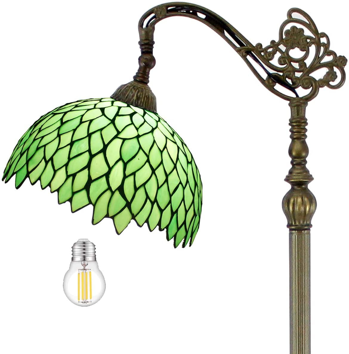 Tiffany Lamp Floor 64" Tall Green Wisteria Industrial Pole Vintage Boho Stained Glass Standing Corner Bright Reading LED Soft Light Arched Adjustable Arc-Living Room Kids Bedroom Farmhouse WERFACTORY