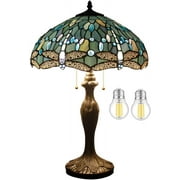 Tiffany Lamp for Living Room Table Top Stained Glass Bedside Table Lamp Bedroom, Industry Metal Base 24" Tall Large Luxurious Sea Blue Dragonfly Style Farmhouse Desk Light WERFACTORY Led Bulb Included
