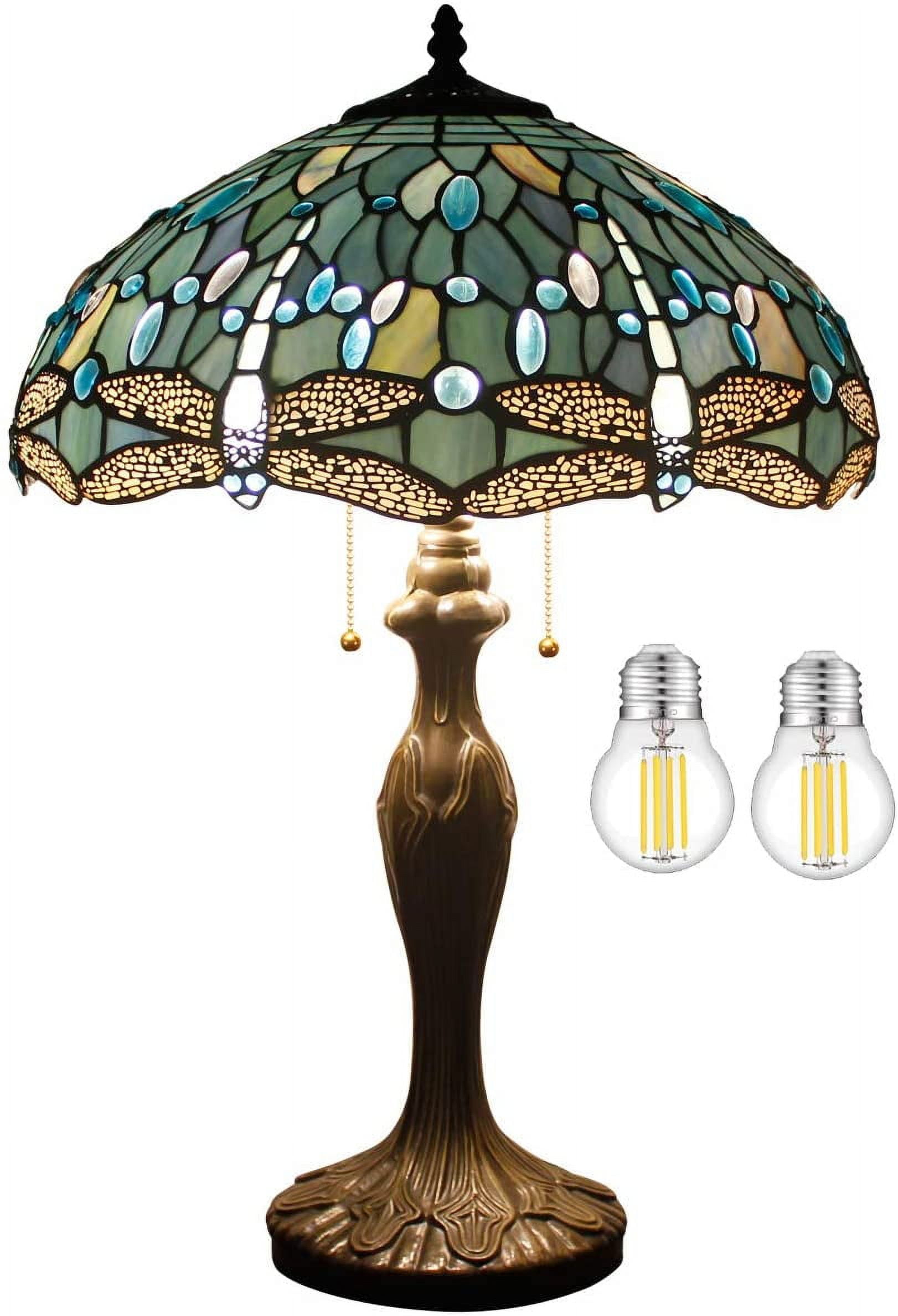 Tiffany Lamp for Living Room Table Top Stained Glass Bedside Table Lamp Bedroom, Industry Metal Base 24" Tall Large Luxurious Sea Blue Dragonfly Style Farmhouse Desk Light WERFACTORY Led Bulb Included