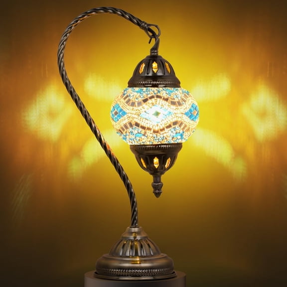 Tiffany Lamp Morrocan Table Lamp with Vintage Style, Handmade Turkish Mosaic Lamps with Swan Neck Bronze Base Including LED Bulb for Living Room Bedroom Decor (Blue2)