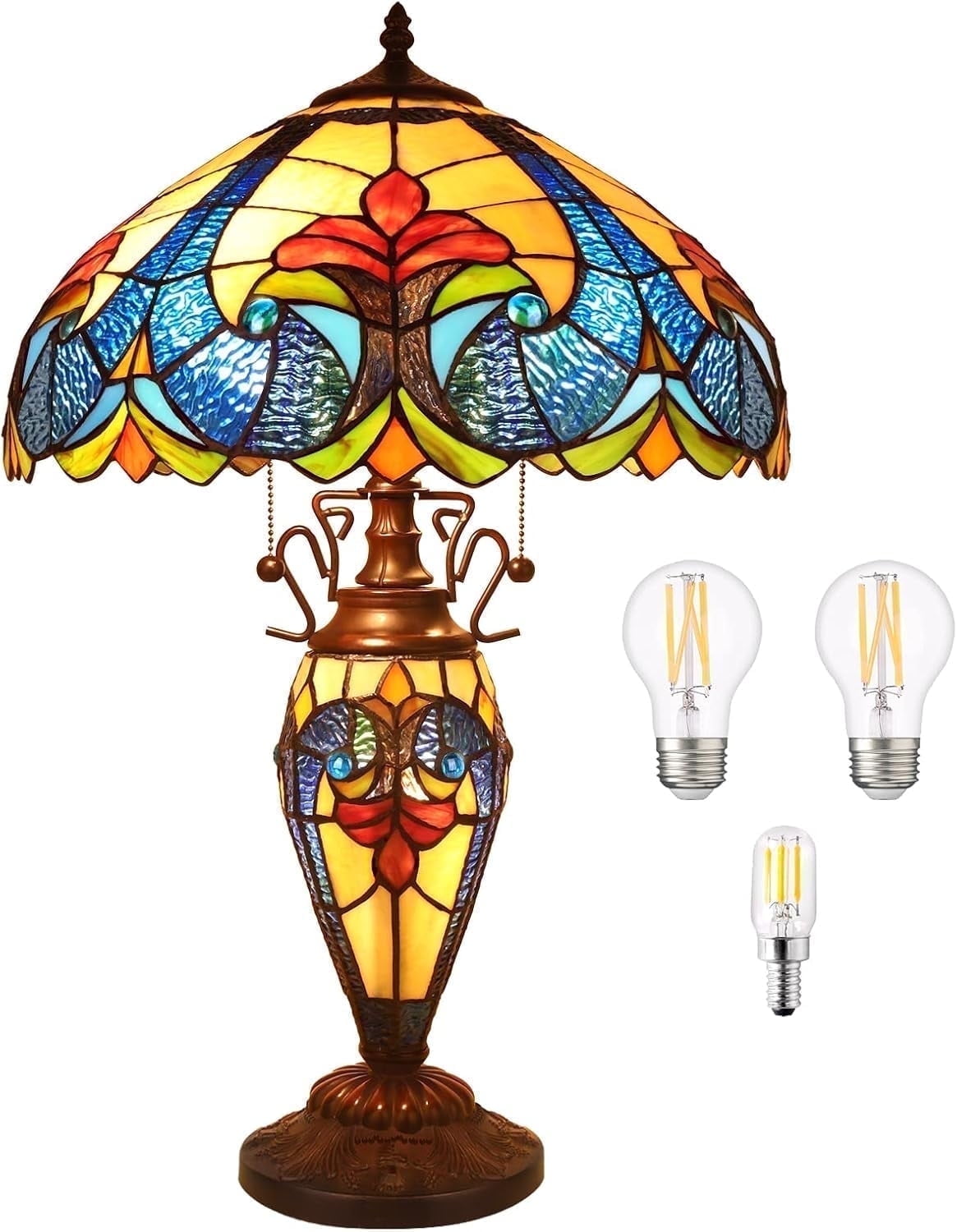 MoveCatcher Tiffany-Style Table Lamp 24" with Stained Glass Shade, Orange LED Lighting for Bedroom/Office, Vintage Decor, 3 Bulbs Included