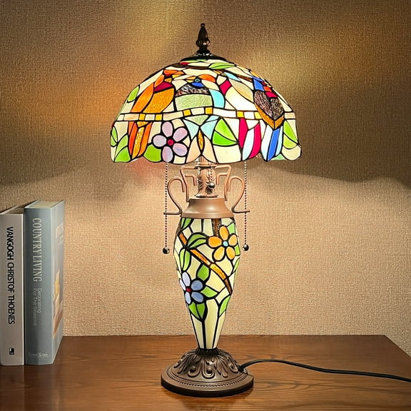 Tiffany Lamp Stained Glass Table Lamp 12x12x23 Inches 3-Light Mother-Daughter Vase Style Desk Reading Light Decor for Home Office Bedroom Living Room