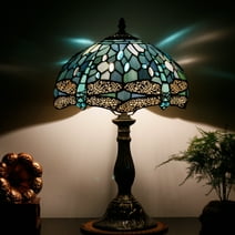 Tiffany Lamp Table Lamp Sea Blue Stained Glass Dragonfly Style Luxurious Boho Banker Memory Lamp Sympathy Nightstand Reading Desk Light 18" Tall Bedside Bedroom Living Room Farmhouse Hotel