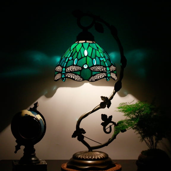 Tiffany Lamps Stained Glass Table Desk Reading Lamp (LED Bulb Included) Crystal Bead Dragonfly Style Shade W8H22 Inch for Living Room Bedroom Bookcase Dresser Coffee Bar Crafts Gifts