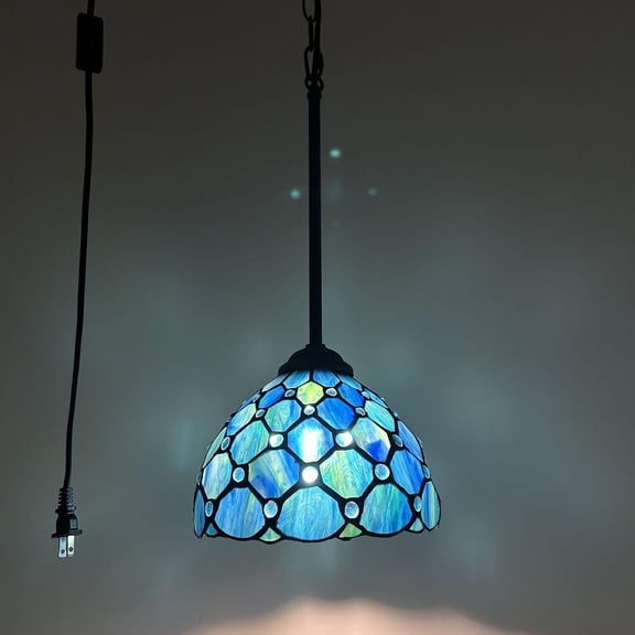Tiffany Mini Hanging Lights Plug In Blue Stained Glass Crystal Beans LED Bulb Included 8" W*8"D*60" H