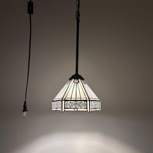 Tiffany Mini Hanging Lights Plug In White Stained Glass Hexagon LED Bulb Included 8W*8D*60H