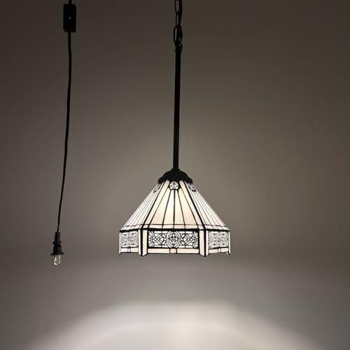 Tiffany Mini Hanging Lights Plug In White Stained Glass Hexagon LED Bulb Included 8W*8D*60H