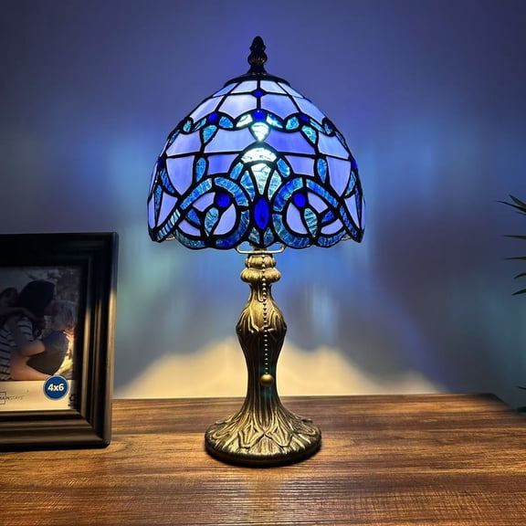Tiffany Mini Table Lamp Blue Stained glass Baroque Style Lavender LED Bulb Included Pull Chain Switch for Living Room Dining Room Bedroom Bedside 14"H*8"W
