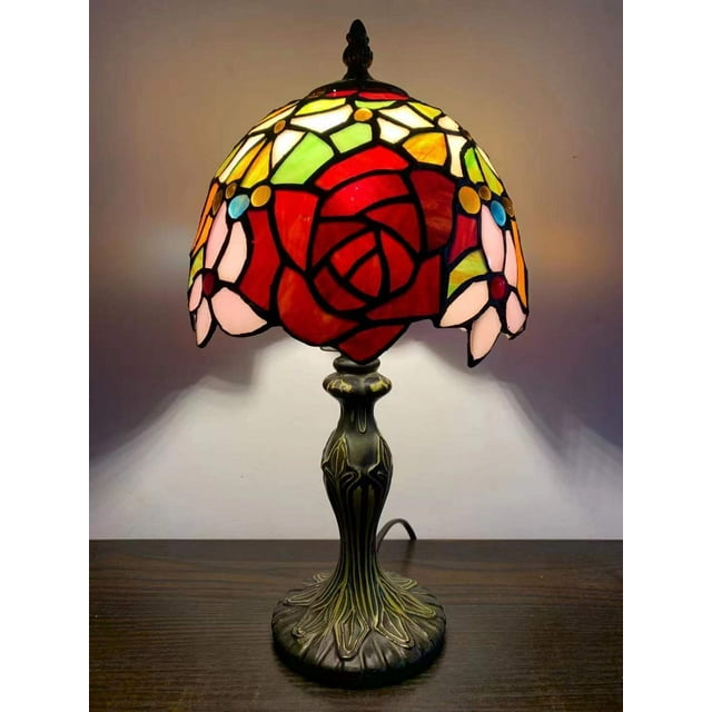 Tiffany Mini Table Lamp Red Orange Stained Glass Rose Flowers Pull