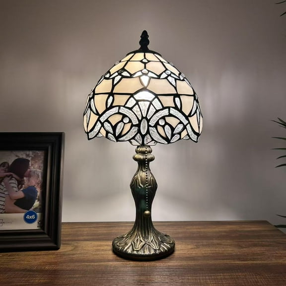 Tiffany Mini Table Lamp White Stained Glass Baroque Style Lavender LED Bulb Included Pull Chain Switch Bedroom Living Room 8"W14"H