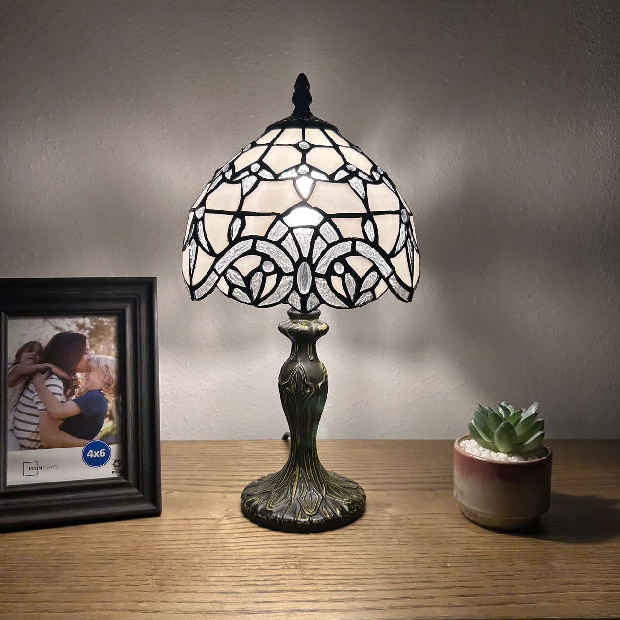 White Stained Glass Baroque Style Mini Table Lamp with Bronze Base