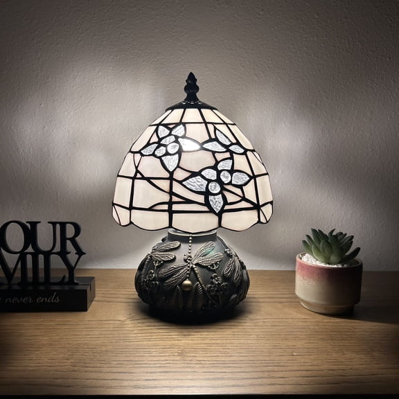 Tiffany Mini Table Lamp White Stained Glass Flowers Included LED Bulb Dragonfly Base for Living Room Dining Room Bedroom Bedside 12"H*8"W