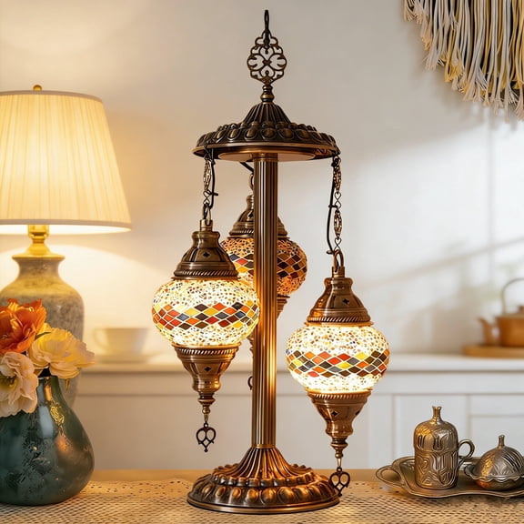 Tiffany Mosaic Glass Night Light, Hand-Painted Table Lamp, Turkish Exotic Decorative Lamp with Antique Brass Base-21"H