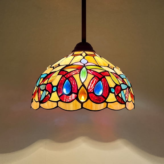 Tiffany Pendant Light 12" Wide Mission Style Stained Glass Hanging Lamp for Kitchen Island Dining Room Hallway Counter