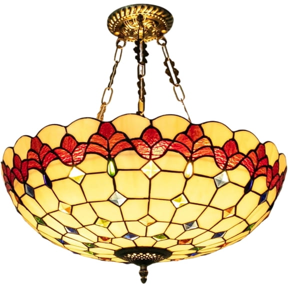 Tiffany Pendant Light 20" Glass Inverted Ceiling Pendant Wide Large Stained Glass Pendant Light Fixture Antique for Living Room Kitchen Entryway Bedroom