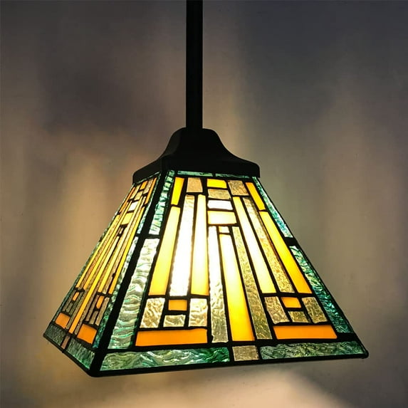 Tiffany Pendant Light Fixture, 8" Stained Glass Mission Style Vintage Tiffany Hanging Lamp
