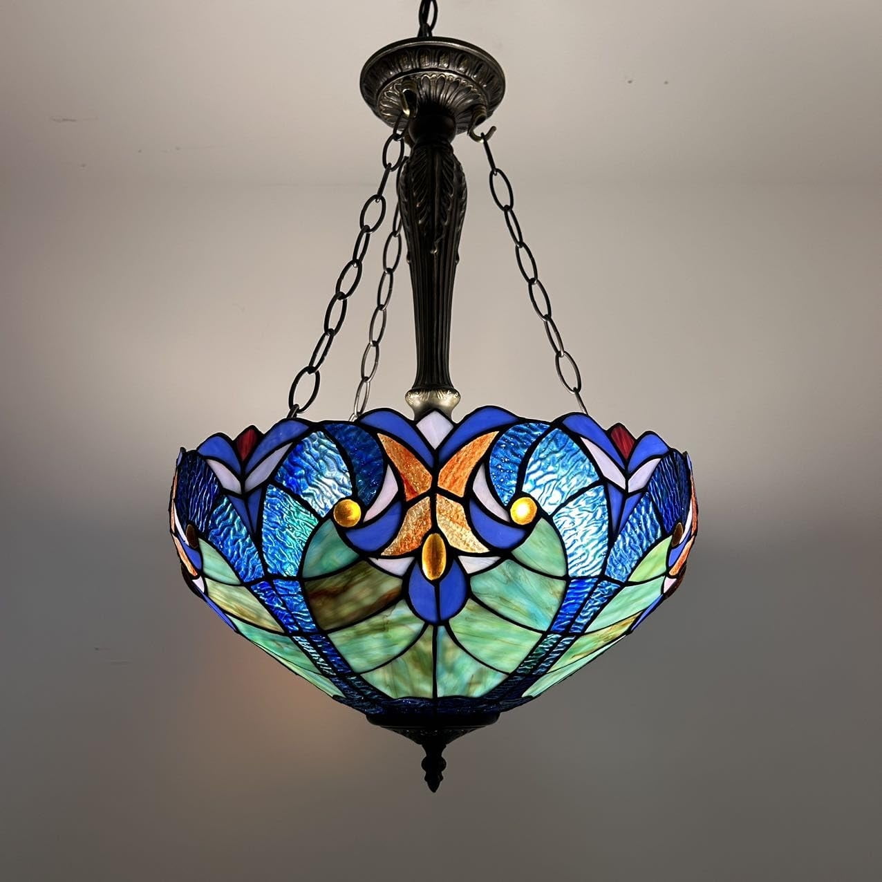Bronze Bowl Pendant Light with Blue and Green Stained Glass Shade