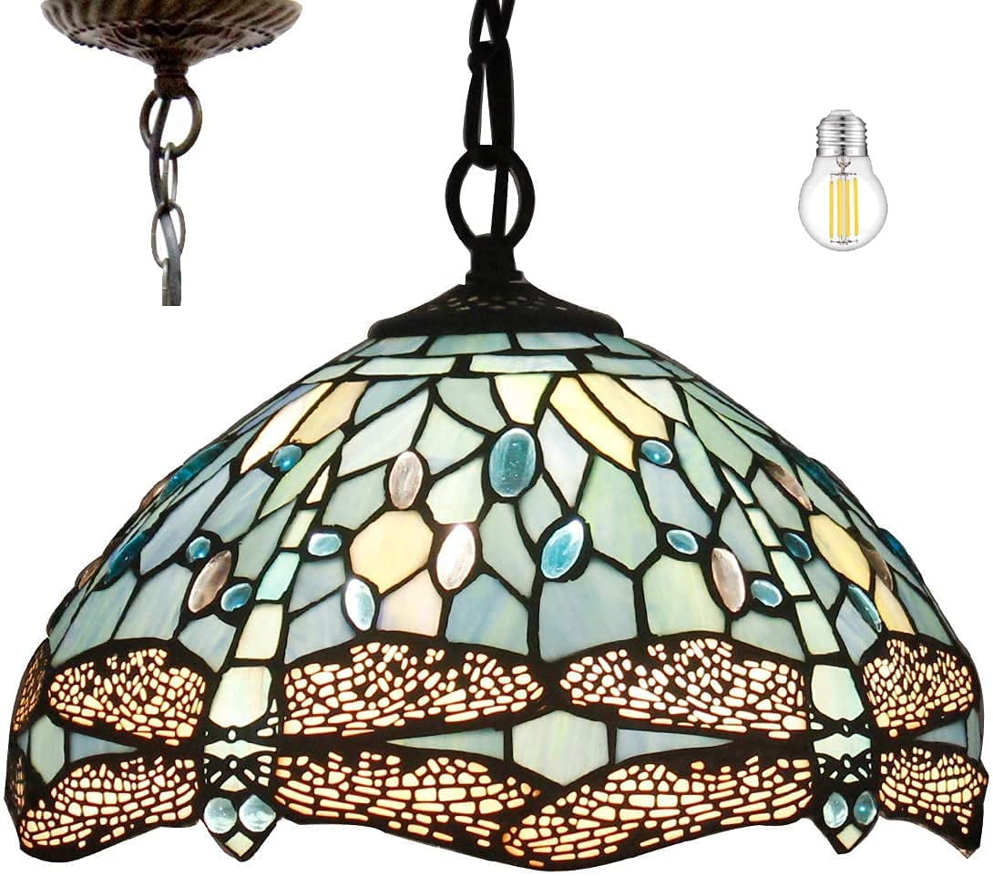 Tiffany Pendant Lighting for Kitchen Island Fixture 12" Sea Blue Stained Glass Dragonfly Farmhouse Rustic Boho Hanging Lamp Industrial LED Chandelier Fixture WERFACTORY Bar Hallway Dining Room Swag