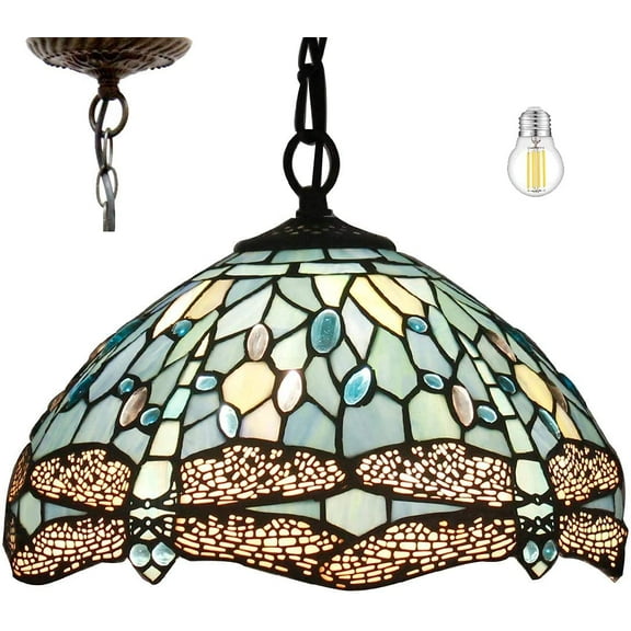 Tiffany Pendant Lighting for Kitchen Island Fixture 12" Sea Blue Stained Glass Dragonfly Farmhouse Rustic Boho Hanging Lamp Industrial LED Chandelier Fixture WERFACTORY Bar Hallway Dining Room Swag