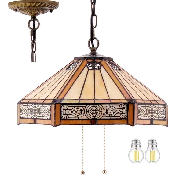 Tiffany Pendant Lighting for Kitchen Island Large Fixture Industrial Rustic LED Chandelier Swag Farmhouse 16"Stained Glass Mission Hexagon Shade Boho Hanging Lamp Bedroom Living Dining Room WERFACTORY