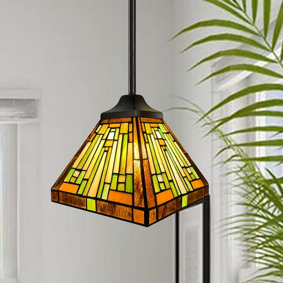 Tiffany Pendant Lighting for Kitchen Island Fixture 8" Wide Vintage Amber Brown Stained Glass Hanging Lamp