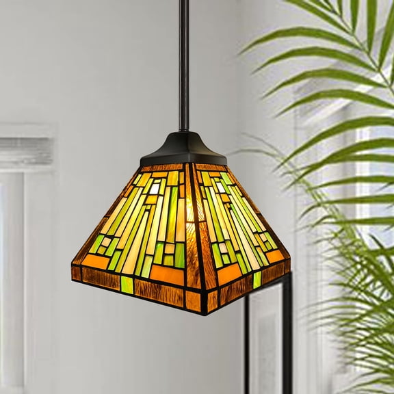 Tiffany Pendant Lighting for Kitchen Island Fixture 8" Wide Vintage Amber Brown Stained Glass Hanging Lamp