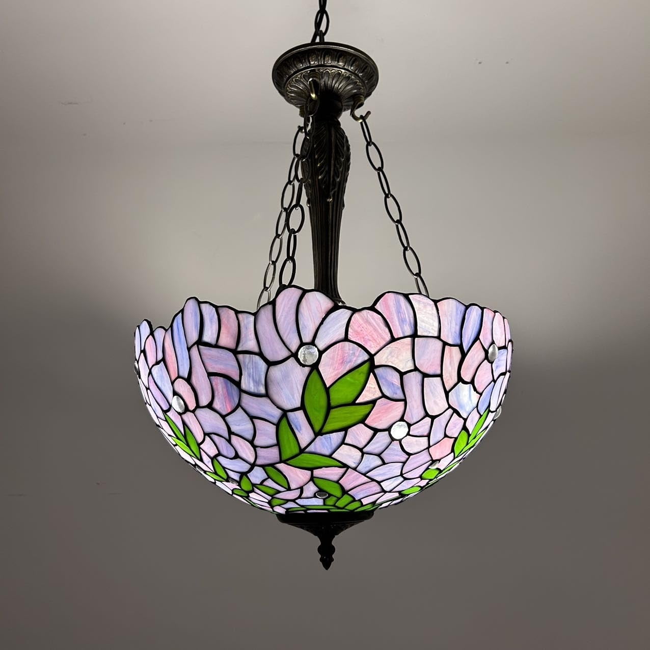 Tiffany Bronze Pendant Light with Purple and Green Stained Glass Shade