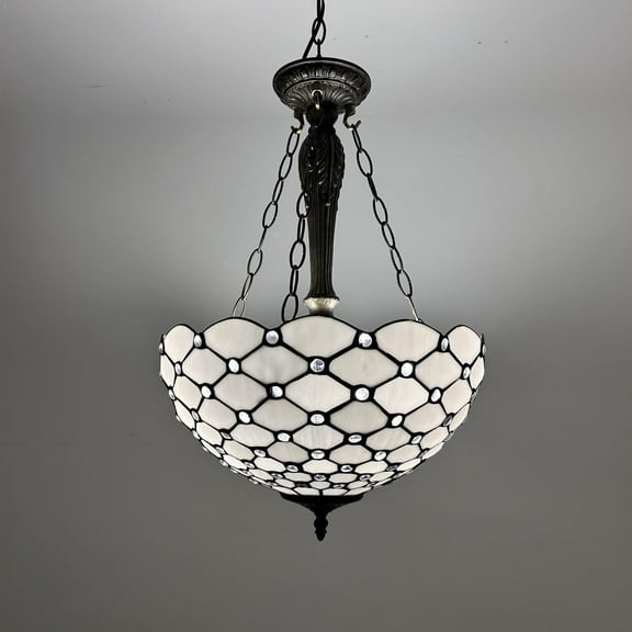 Tiffany Pendant Lights Ceiling Light White Stained Glass Crystal Beans LED Bulbs Included for Dining Room Living Room Bedroom 16"W*16"D*60"H