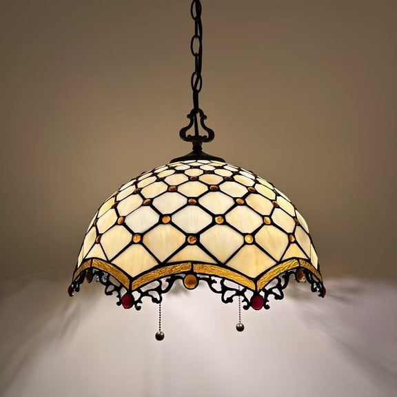 Tiffany Style Pendant Lights Fixture Beige Stained Glass Crystal Beans LED Bulb Included for Dining Room kitchen Island 16"W*16"D*75"H